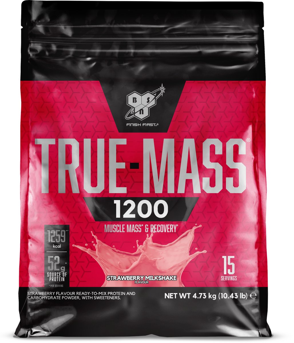 Goedkoopste BSN True Mass 1200 - Mass Gainer - Weight Gainer - Strawberry - 15 doseringen (4800 gram