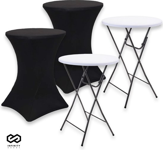 Infinity Goods 2x Table Debout Robuste + 2x Jupe De Table Debout Noire - Table De Fête - Robuste Et Résistant Aux Intempéries - Pliable - 80cm x 110cm - Fête - Wit/ Grijs