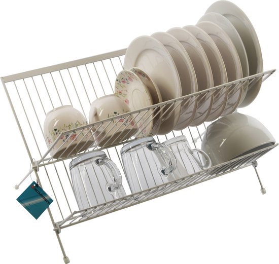 Relaxdays afdruiprek CROSS met bestekmand HBD 24x46x28 cm, afwasrek bamboe klapbaar, voor borden en kopjes, naturel