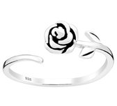 Joy|S - Zilveren roos ring - verstelbaar (maat: zie omschrijving) - geoxideerd - bloem aanschuifring