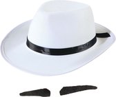 Smiffys - Gangster/maffia verkleed set hoed wit/zwart met snorretje