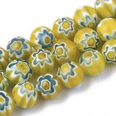 Verre millefiori, Venetië, perles rondes de 8mm dans les couleurs jaune, turquoise et blanc. Vendu par brin d'environ 38cm