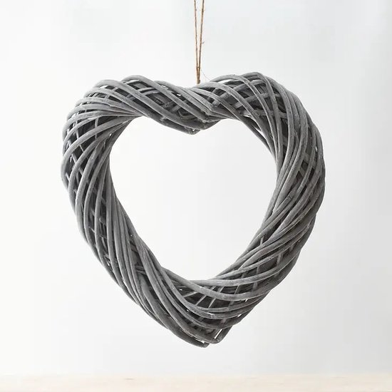Cœur En Osier Gris 20 Cm Déco Rustique - Fleurs Minx Et Ruban Doré