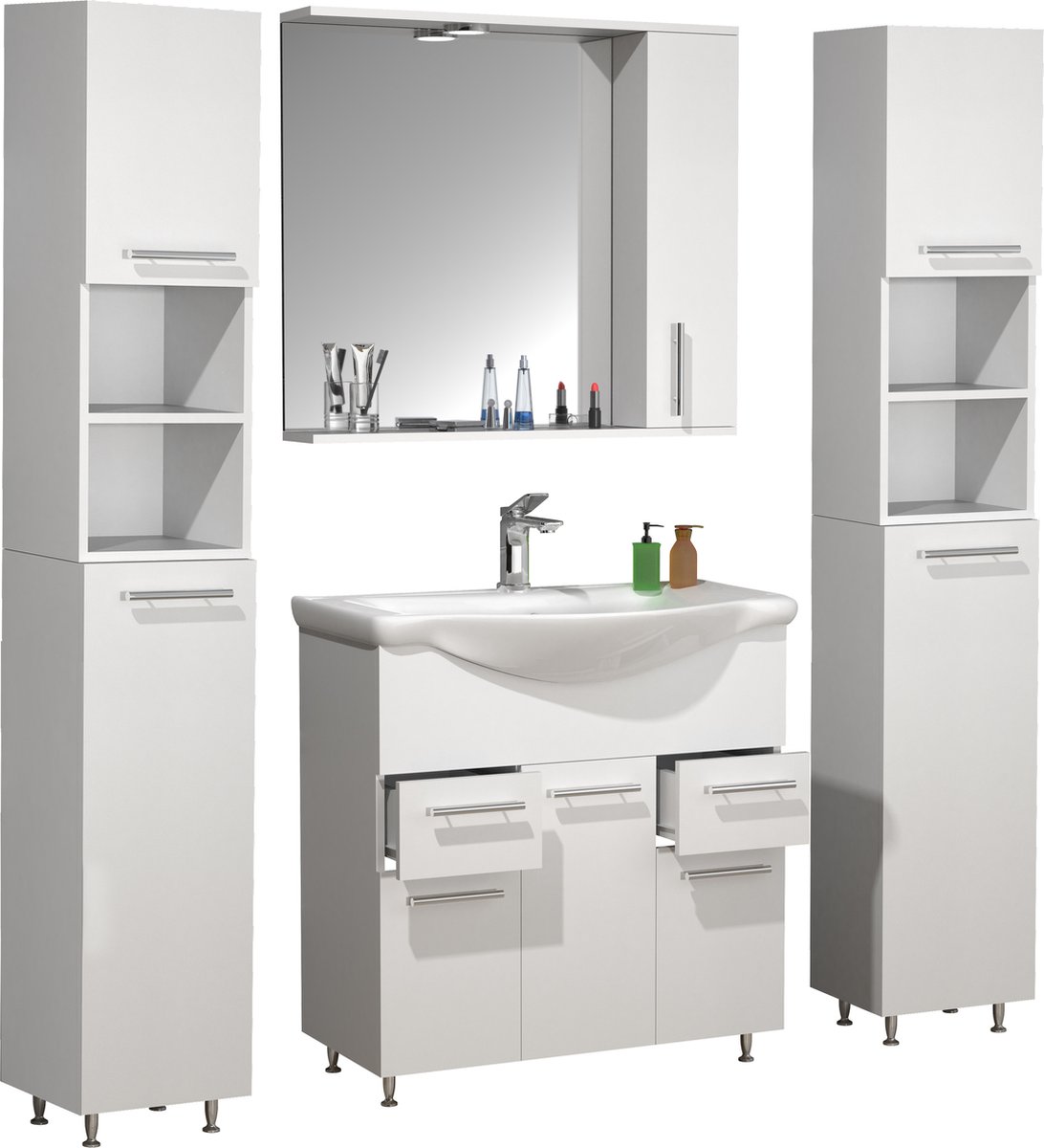 VCM 5-tlg. Waschplatz Waschtisch Badmöbel Set Waschbecken Schubladen Drehtüren Spiegelschrank Hochschrank Lisalo XL