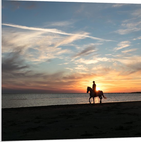 PVC Schuimplaat - Paardrijden op het Strand met Zonsondergang - 80x80 cm Foto op PVC Schuimplaat (Met Ophangsysteem)