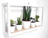 Wandrek rechthoekig wit industrieel 62cm x 30cm x 12cm - Wandrek hangend wit dik met hout - Galeara design wandplank Soto rechthoekig - Wandschappen design metaal