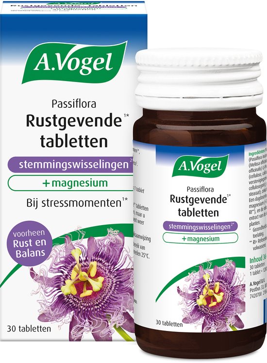Verpakking van A.Vogel Passiflora Rustgevende tabletten, bij stemmingswisselingen en stress.