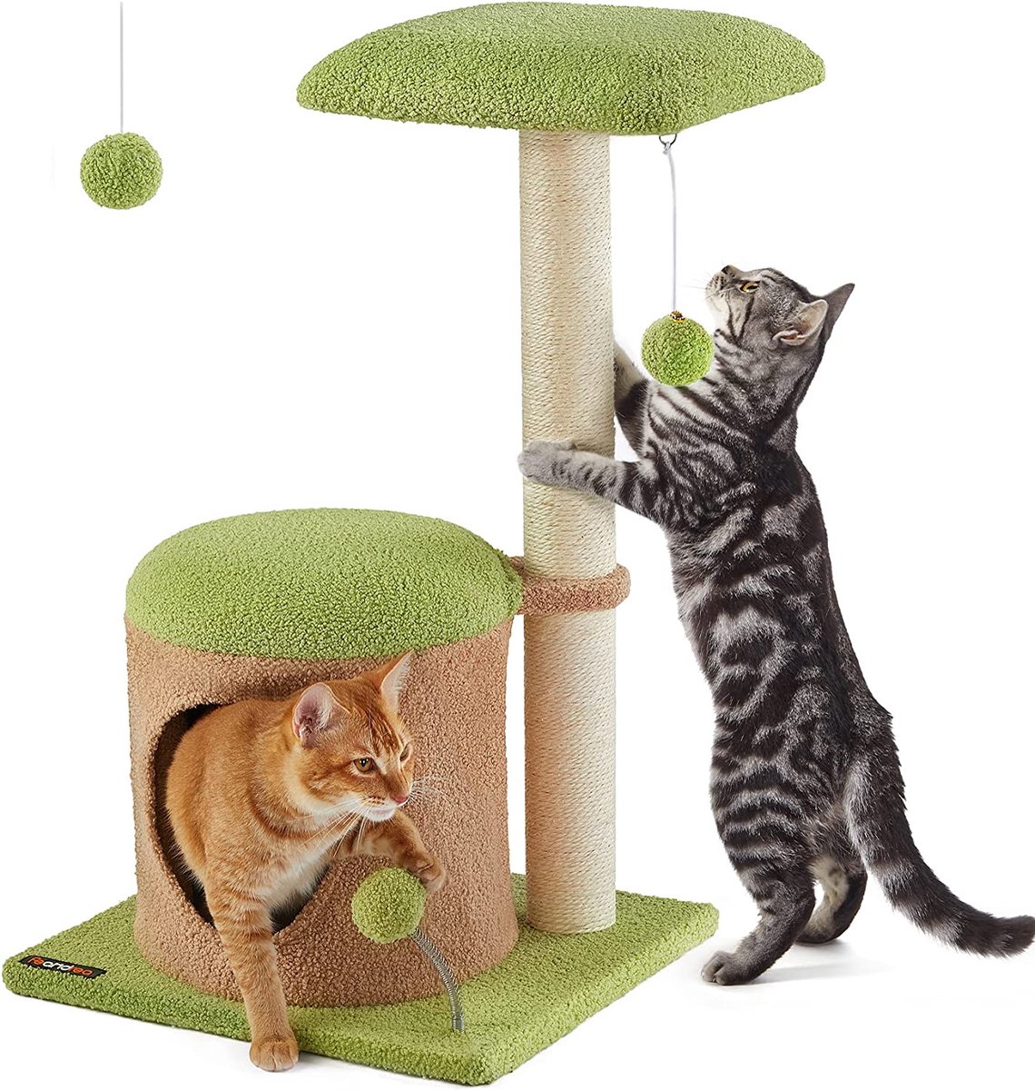 FEANDREA WhimsyWonders kattenboom, Kleine kattenkrabpaal voor kittens, 76,2 cm schattig kattenhol voor binnenkatten, met krabpaal van 69 cm, gestoffeerde zitstok, lentegroen en lichtbruin