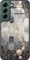 Coque en verre Samsung Galaxy S22 Plus - Cubes gris - Grijs - Hard Case Zwart - Coque téléphone Back cover - Motif géométrique - Casimoda