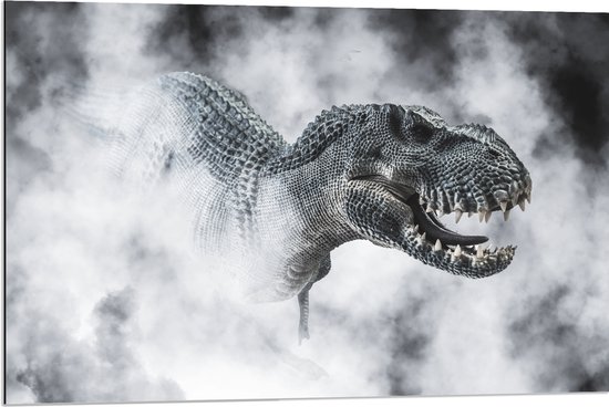 Dibond - Gevaarlijke T-rex Dinosauris in de Mist (Zwart- wit) - 90x60 cm Foto op Aluminium (Met Ophangsysteem)