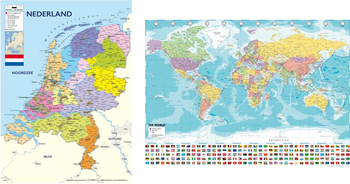 Posterpoint Nederland en Wereldkaart posters - duo set - 70 x 100 cm zwart