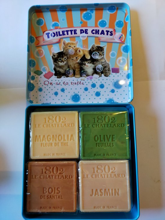 Metalen zeepblik vierkant met opdruk Toilette de chats met 4 palmolie vrije zepen in de geuren sandalwood – jasmijn – magnolia – olijven – Vintage voorraadblik – Franse handzeep – Marseille zeep Marseillezeep