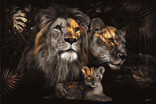 Glasschilderij leeuwenfamilie met 1 welp - gouden accenten - 120x80cm - leeuw