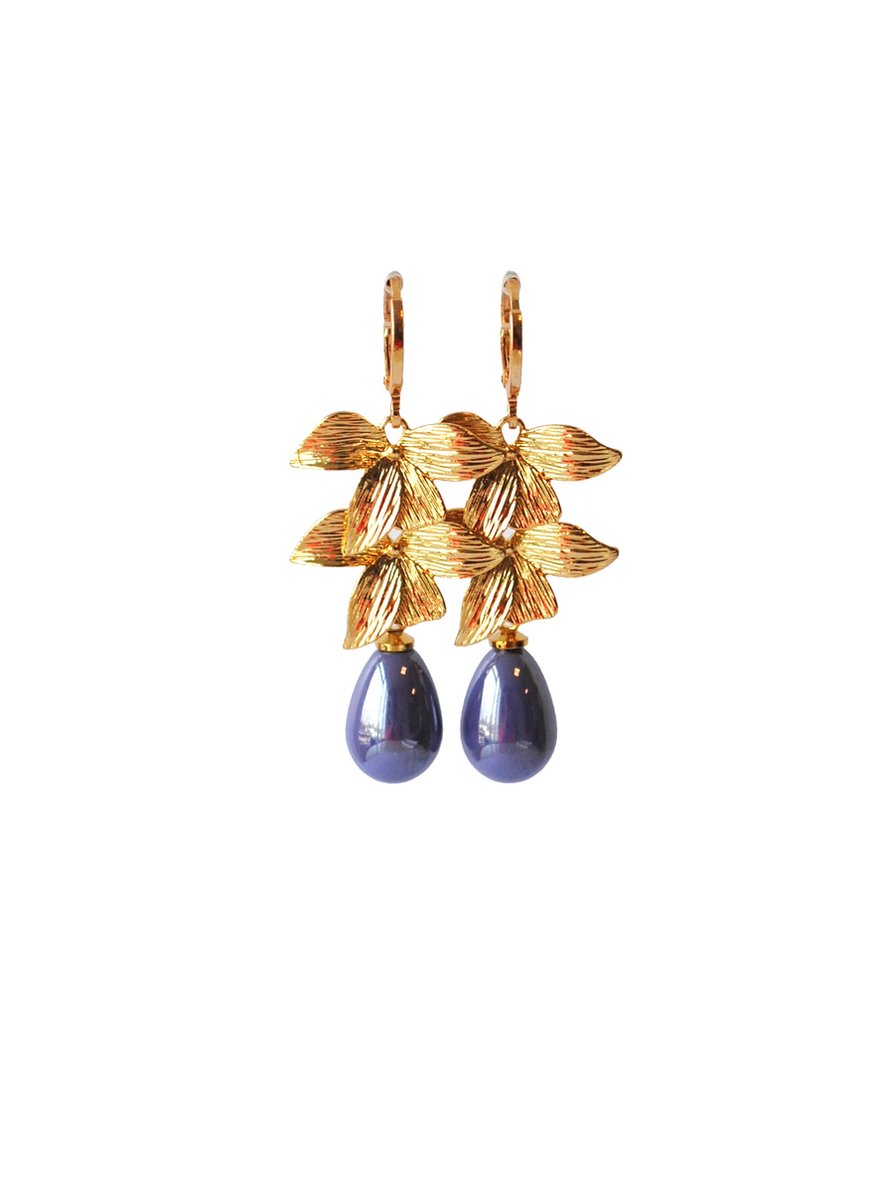 OORBELLEN BLAD 14K GOLDPLATED EN GLASPAREL PAARS