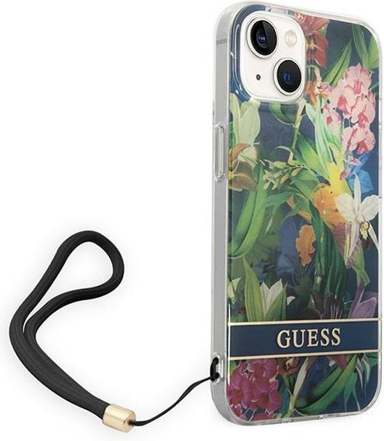 Guess iPhone 14 Plus 6.7" Étui rigide bleu Flower Strap