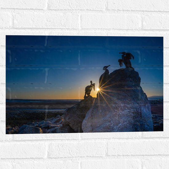WallClassics - Muursticker - Volgels op Rots bij Zonsondergang - 60x40 cm Foto op Muursticker