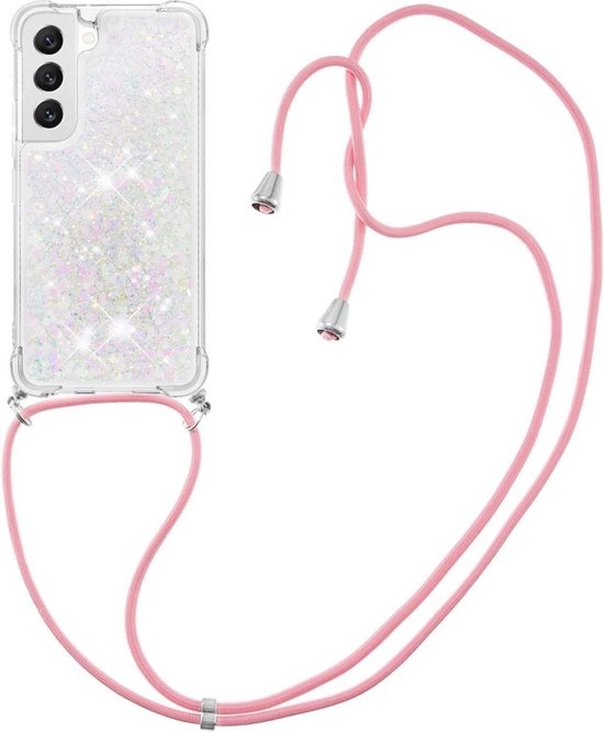 Lunso - Geschikt voor Samsung Galaxy S23 - Telefoonhoes met koord - Glitter Zilver/Roze
