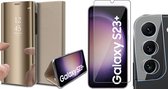 Hoesje geschikt voor Samsung Galaxy S23 Plus - Screenprotector GlassGuard & Camera Lens Screen Protector - Book Case Spiegel Goud