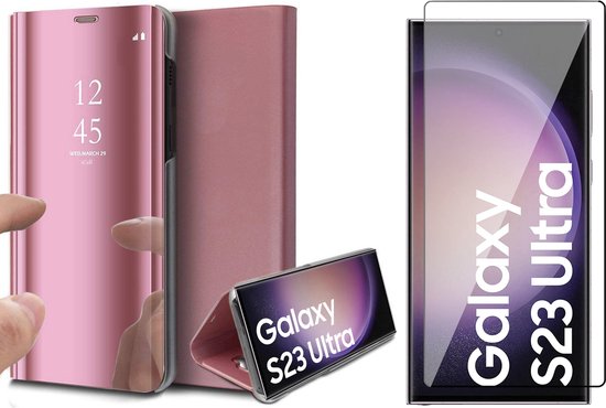 Coque Samsung Galaxy S23 Ultra - Protecteur d'écran FullGuard - Book Case Mirror Or Rose & Protecteur d'écran