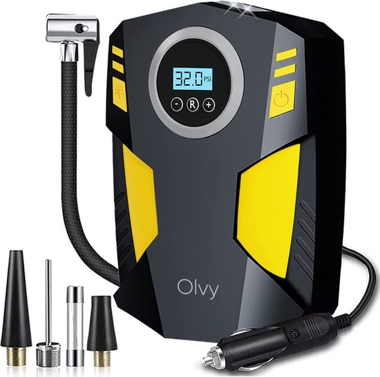 1. Olvy Elektrische Bandenpomp Luchtcompressor 12V zwart , geel