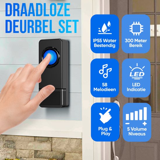 Hand wordt gedrukt op zwarte draadloze deurbel met blauwe LED. Kenmerken: IP55 waterbestendig, 300 meter bereik, 58 melodieën, LED indicatie, Plug & Play, 5 volume niveaus.