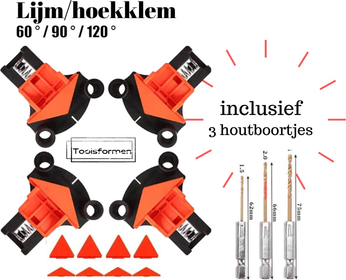 Hoekklem, 4 stuks 60 graden, 120 graden, 90 graden haakse