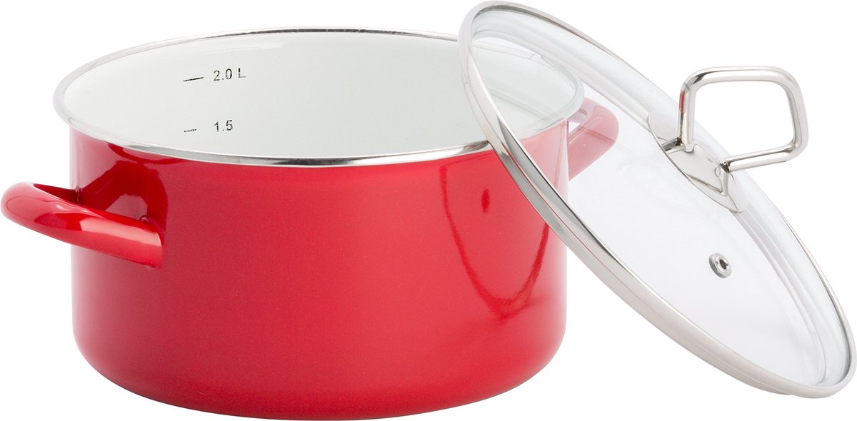 Lite-Body Magnus Soeppan 2l met glazen deksel - Emaille - Rood - Inductie en gas