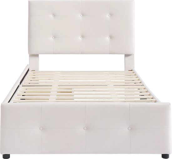 Merax Gestoffeerd Eenpersoonsbed met Lades 90 x 200 CM - Bed met  Opbergruimte - Lichtbeige | bol
