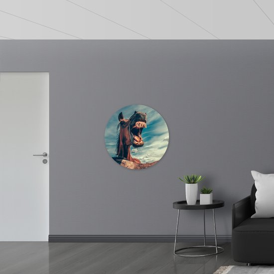 Muursticker Cirkel - Paard met Open Bek - 80x80 cm Foto op Muursticker
