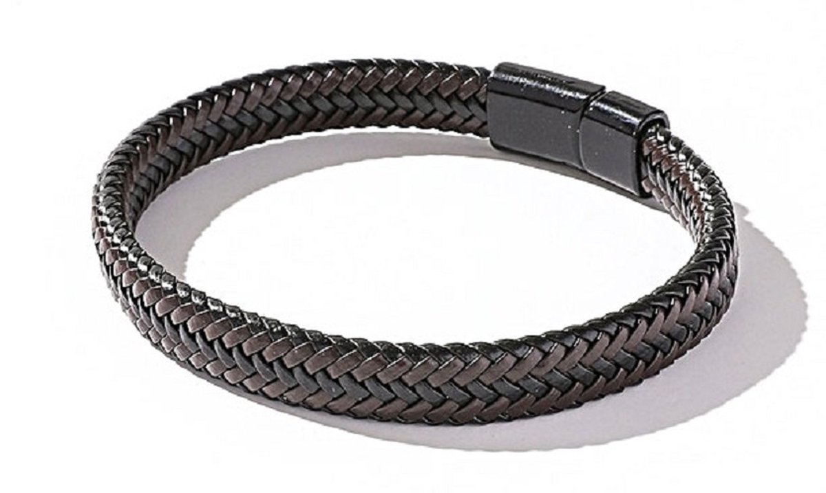 Encantada - Heren Armband - Leder -Gevlochten - Donker Bruin/ Zwart - 22 cm