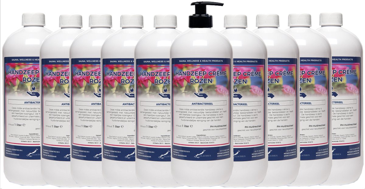 Goedkoopste Handzeep Crème Rozen 1 liter - met gratis pomp - set van 10 stuks - Voordeelverpakking