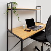 Industrieel bureau met plank – Stalen frame met houten bureaublad – Stevige laptoptafel – B120xD60xH140 cm- Zwart/Naturel