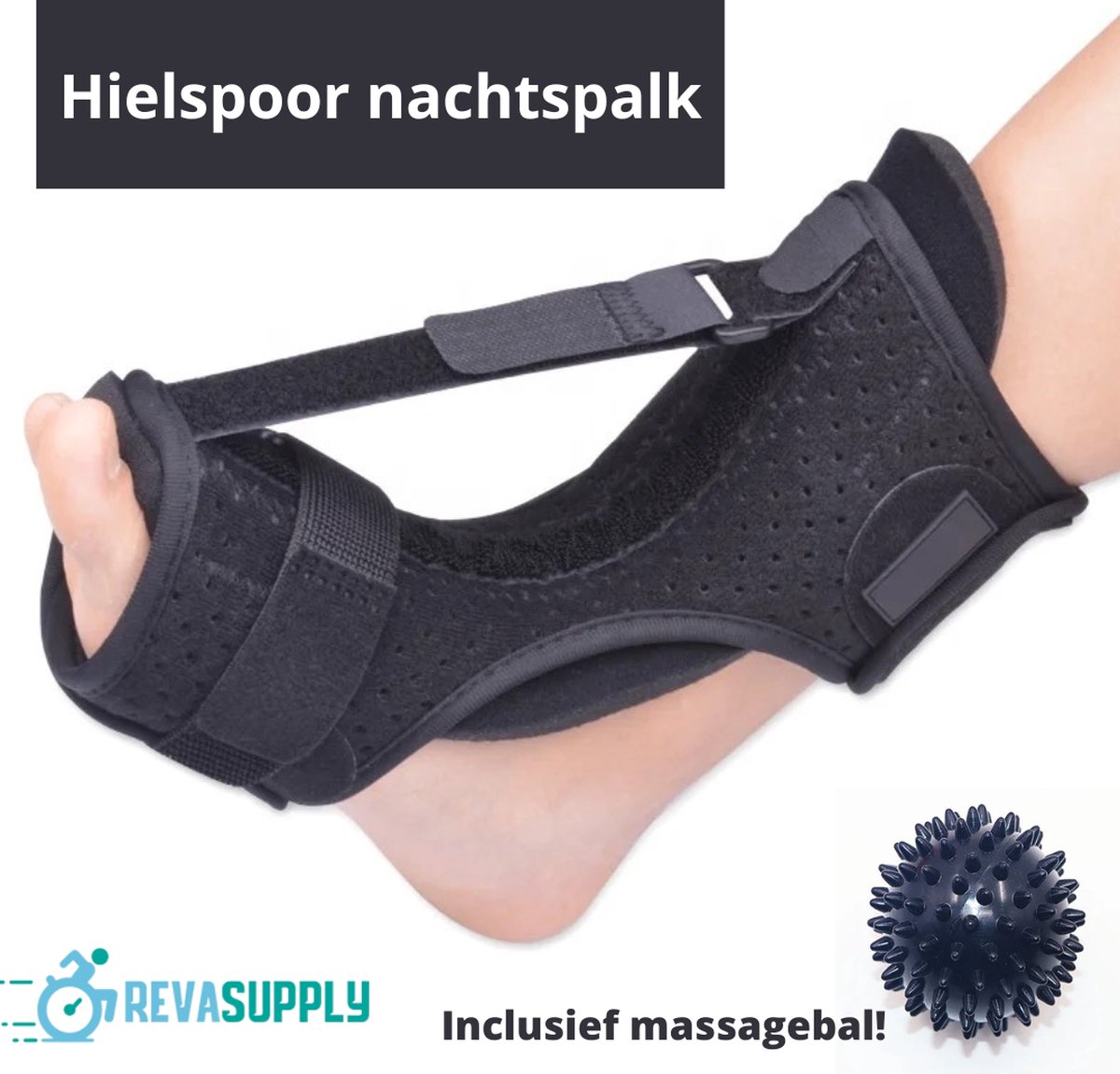 Revasupply™ - Hielspoor nachtspalk - Inclusief massagebal - Nachtspalk - Strassburg sok - Achillespees - Fasciitis plantaris - Ontsteking - Spalk - Zwart