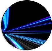 Dibond Muurcirkel - Blauwe en Paarse Neon Strepen in Zwarte Omgeving - 20x20 cm Foto op Aluminium Muurcirkel (met ophangsysteem)