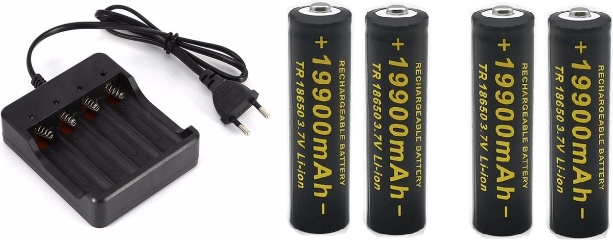 Voxlink® - Oplaadbare LI-ION TR18650 batterijen 3,7V / 19900mAH - 4 stuks + 18650 Li-ION Charger - Batterij Lader - Kwartet