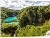 PVC Schuimplaat- Blauwe Wateren bij Planten in het Nationale Park Plitvicemeren, Kroatië - 80x60 cm Foto op PVC Schuimplaat