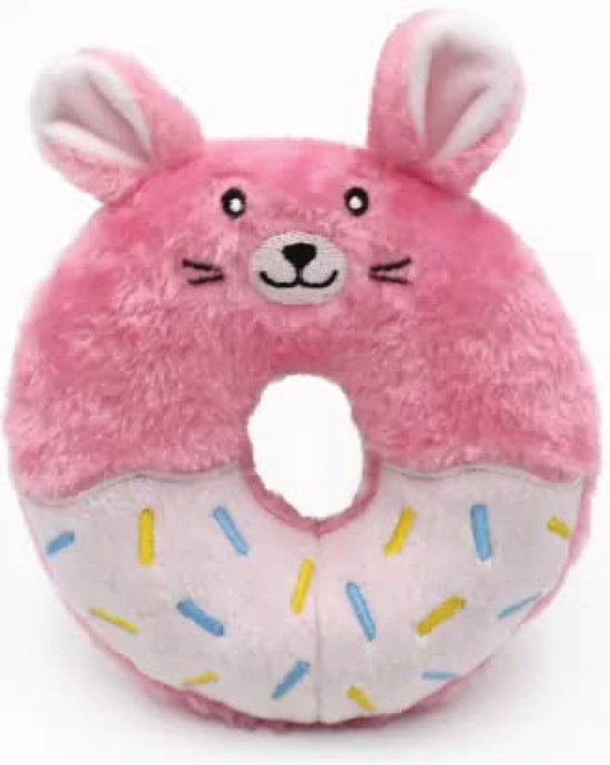 Roze pluche donut speelgoed met konijnenoren en een gezichtje.