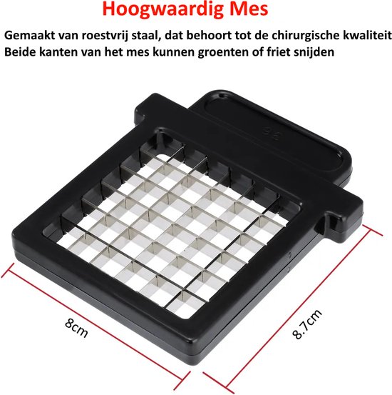 Zwart vierkant mes voor frietsnijder, 8cm bij 8.7cm, van roestvrij staal.