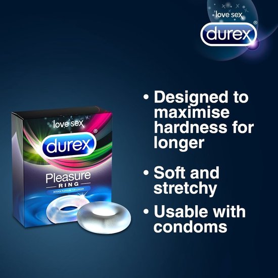 Durex Pleasure Ring verpakking met een ring en voordelen: harder, zacht, rekbaar en met condoom te gebruiken.