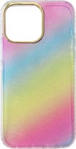 Stevige Siliconen Back Cover Hoesje met Glitter - Geschikt voor Appel iPhone 14 Plus - Regenboog/Transparant