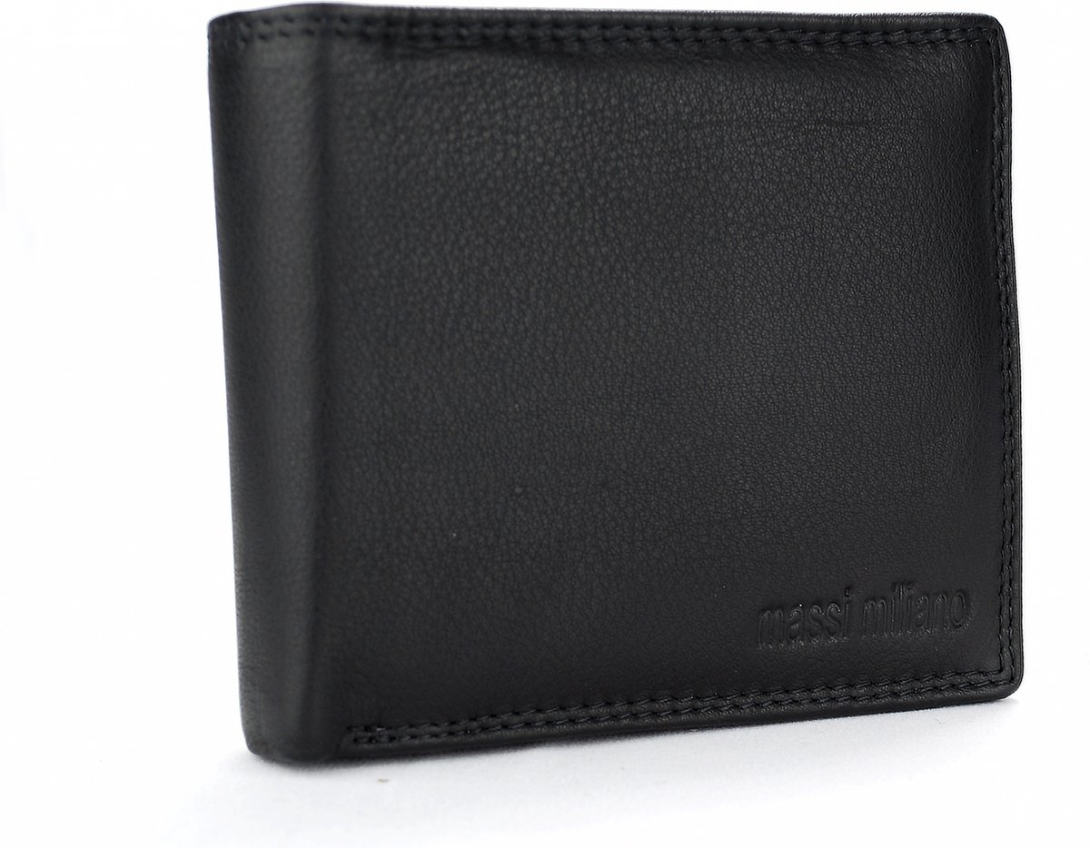 Massi Miliano Portemonnee Heren Volledig Schapen Leer Zwart - Billfold - 11.5x2.5x9.5cm - (MMFLRS-26-6) -