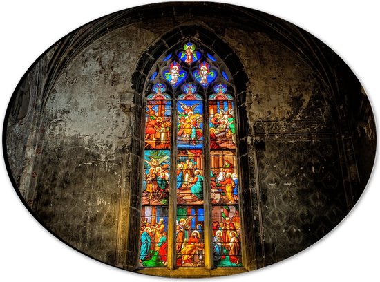 WallClassics - Dibond Ovaal - Glas-in-lood Raam in de Notre-Dame Kerk - 28x21 cm Foto op Ovaal (Met Ophangsysteem)