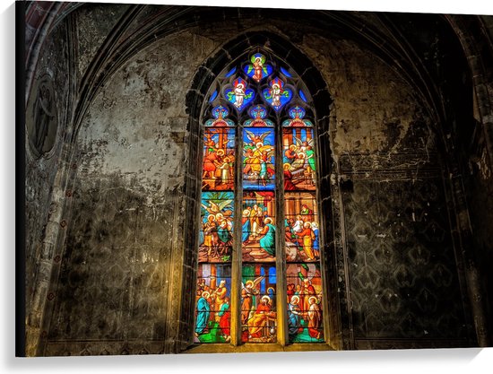 WallClassics - Canvas - Glas-in-lood Raam in de Notre-Dame Kerk - 100x75 cm Foto op Canvas Schilderij (Wanddecoratie op Canvas)