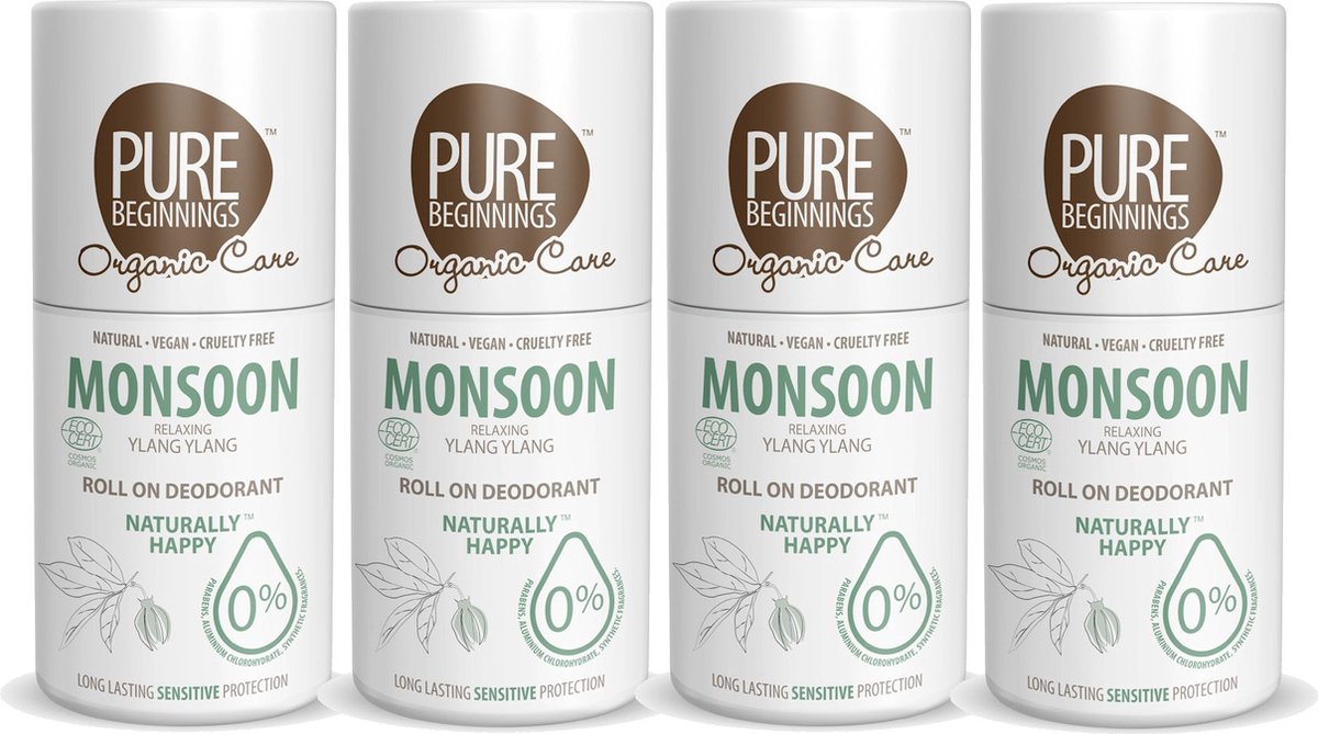 Pure Beginnings - Roll on deodorant - Monsoon - Relaxing Ylang Ylang - 75ml - 4 Pak - Voordeelverpakking