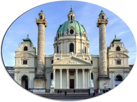 WallClassics - Dibond Ovaal - Karlskirche Kerk in Oostenrijk - 68x51 cm Foto op Ovaal (Met Ophangsysteem)