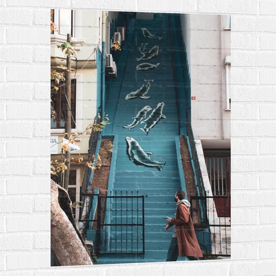 WallClassics - Muursticker - Beschilderde Trap met Zeehonden - 70x105 cm Foto op Muursticker