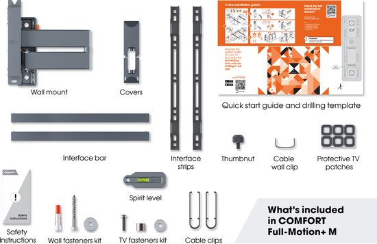 Onderdelen van de Vogel's tv-beugel set, inclusief muurbeugel, interface strips, waterpas en bevestigingsmateriaal.