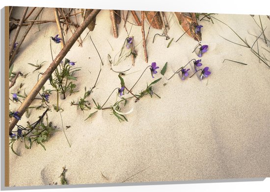 WallClassics - Bois - Branches en bois avec fleurs violettes poussant contre le mur - 120x80 cm - 9 mm d'épaisseur - Photo sur bois (avec système d'accrochage)