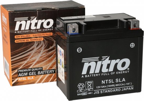 NITRO gel accu - 12V 5Ah- voor 2T/4T scooters - onderhoudsvrij - nt5l sla |  bol