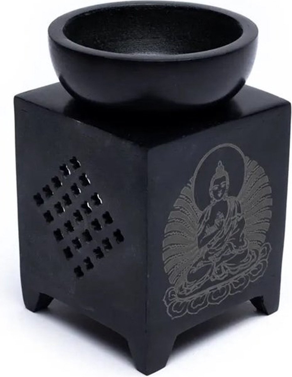 Olieverdamper zeepsteen Buddha 14969 - Oliebrander voor wax - Oliebrander aromabrander - Oliebrander voor geurolie - Oliebrander zeepsteen - Oliebrander zwart - Geurbrander